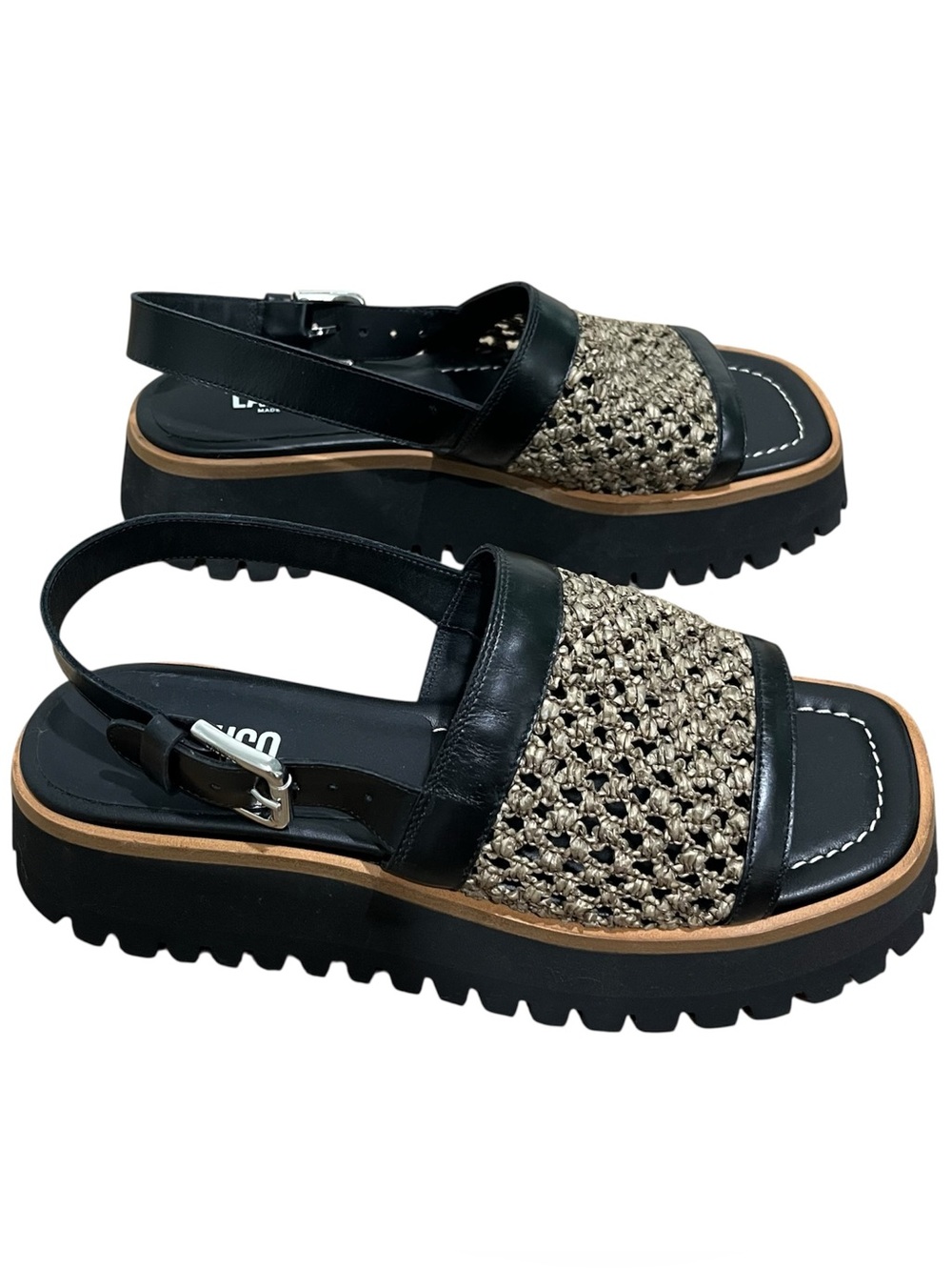 LABUCQ Panama Sandal Raffia Leather Platform Shoe Black Olive EU 39 Italy NEW